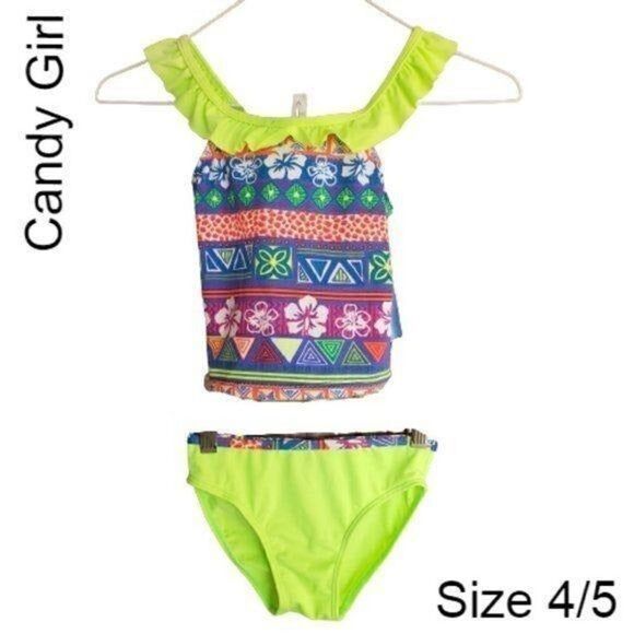 Girls Swimwear Tankini 2 piece Yellow Graphic Ruffle Toddler Size 4-5 NWT - Picture 1 of 6